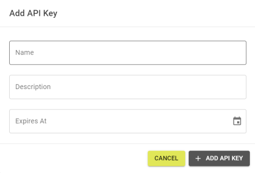 Add API key popout requiring a name, description, and an expiration.