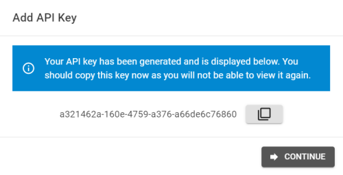 An example generated API key, which warns to write it down as it cannot be viewed again.