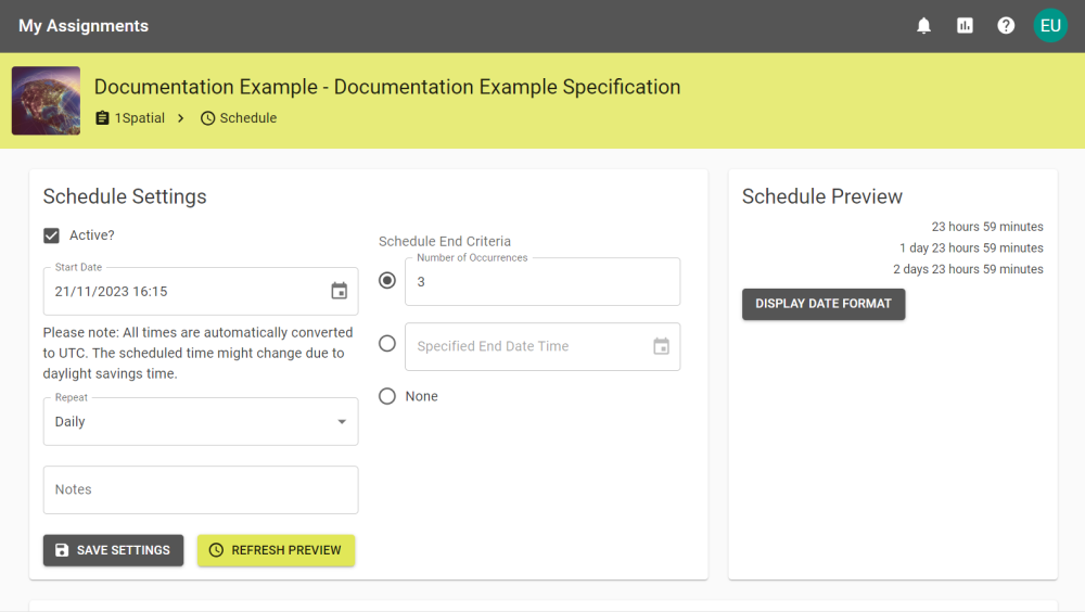 The Schedule settings