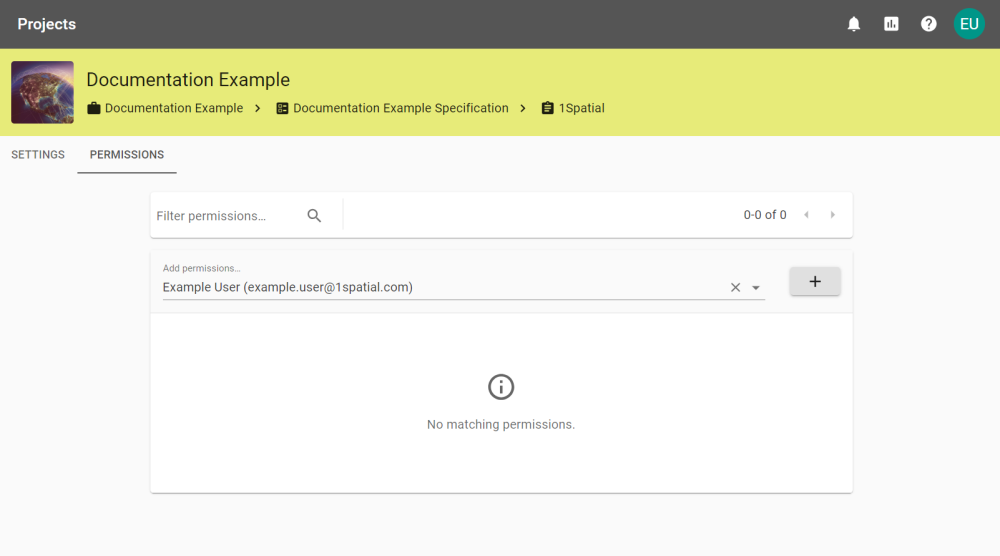 Permissions tab showing a filtered user to be added to the project.