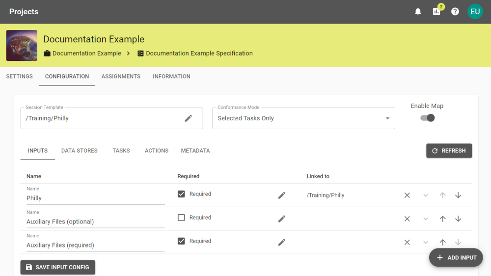 A Project's configuration page showing three inputs required by the Session. 