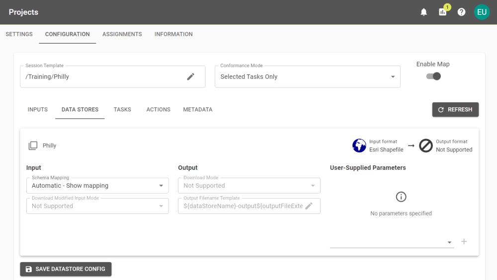 A Project's configuration screen showing the data stores with inputs and outputs.