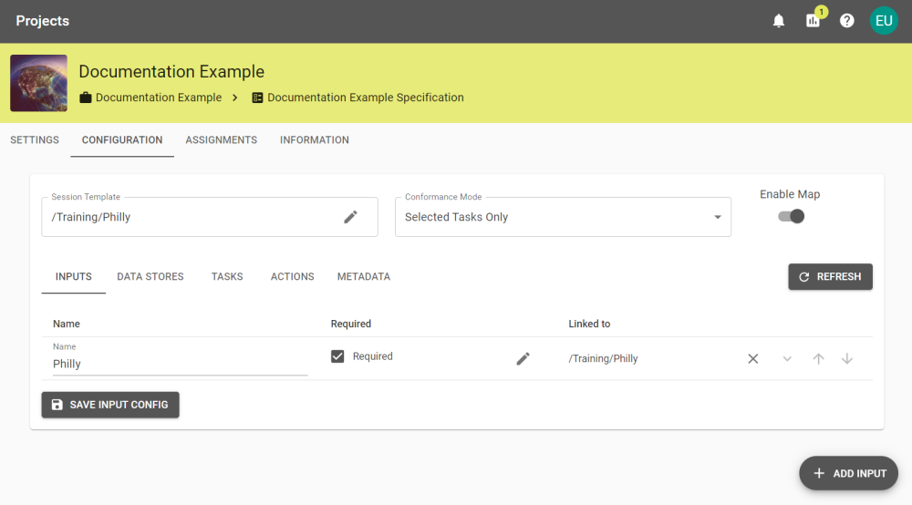 A Project's configuration page showing three inputs required by the Session. 