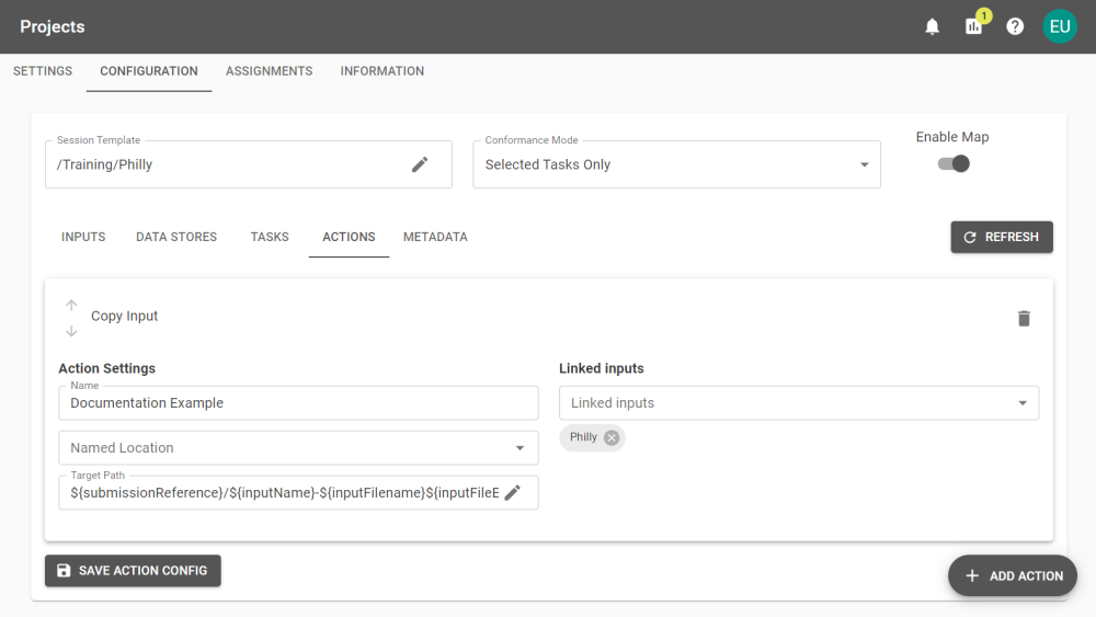 A Project's configuration page showing three inputs required by the Session. 