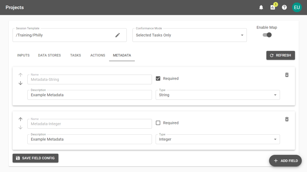 A Project's configuration page showing Metadata Fields that have been configured. 