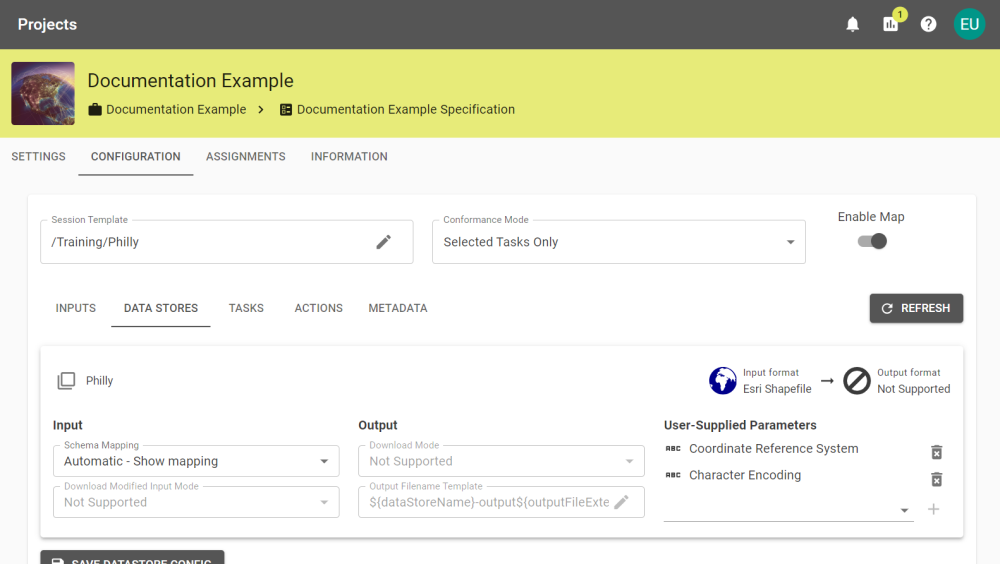 A Specification's configuration screen showing Coordinate Reference System and Character Encoding parameters.