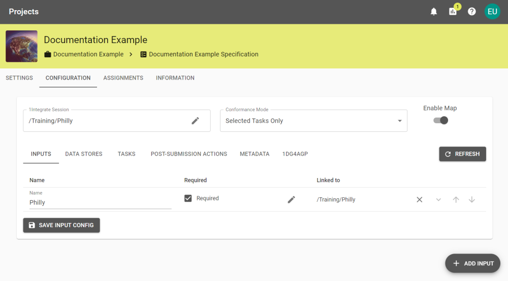 A Project's configuration page showing three inputs required by the Session. 