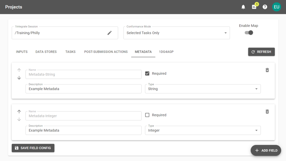 A Project's configuration page showing Metadata Fields that have been configured. 