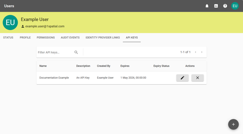 API keys tab with an example key listed.