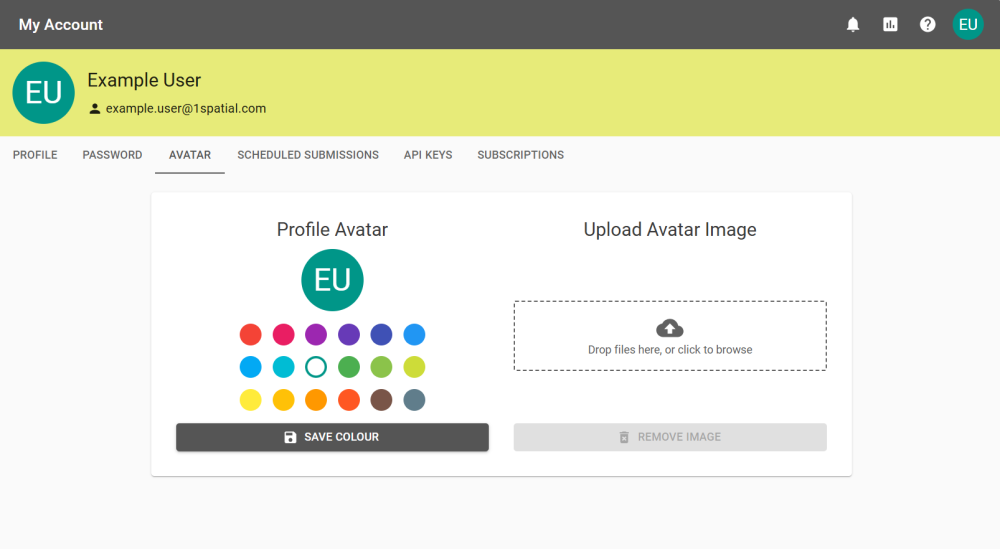 Avatar editor allowing a change of colours to an avatar of the user's initials and an image uploader for a custom avatar.