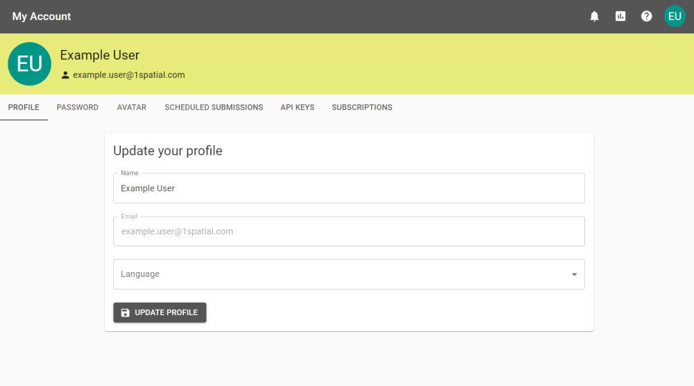 Update your profile screen with text boxes for Name and Email Address. Also features the warning that profile management might be configured by your organisation.