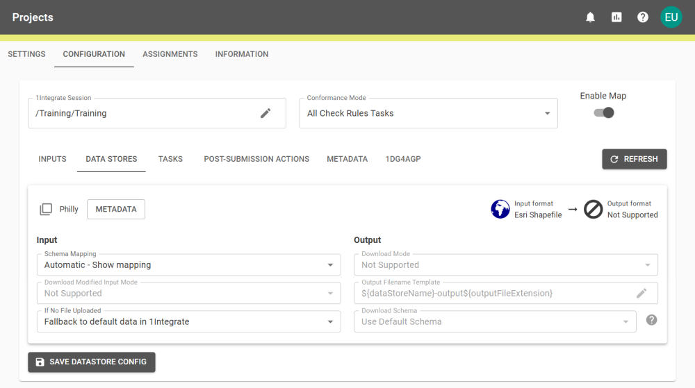 A Project's configuration screen showing the data stores with inputs and outputs.