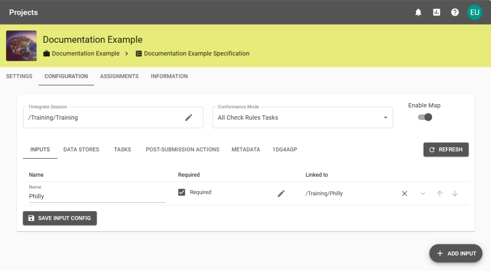 A Project's configuration page showing three inputs required by the Session.