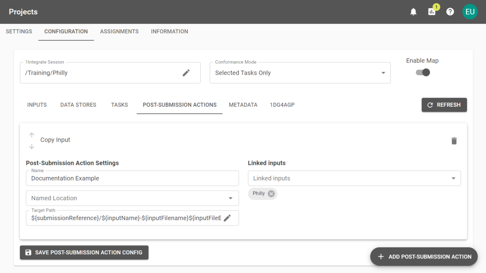 A Project's configuration page showing three inputs required by the Session.