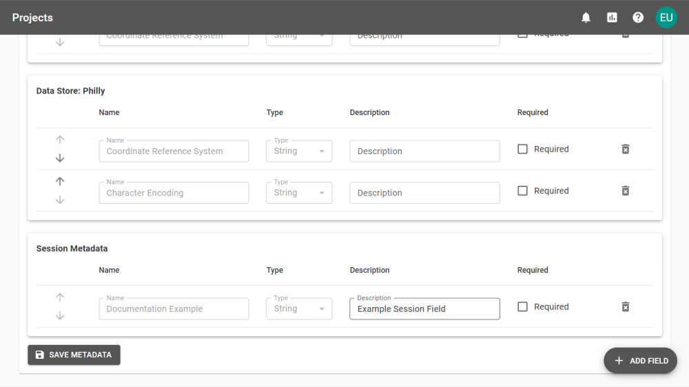 A Project's configuration page showing Metadata Fields that have been configured.