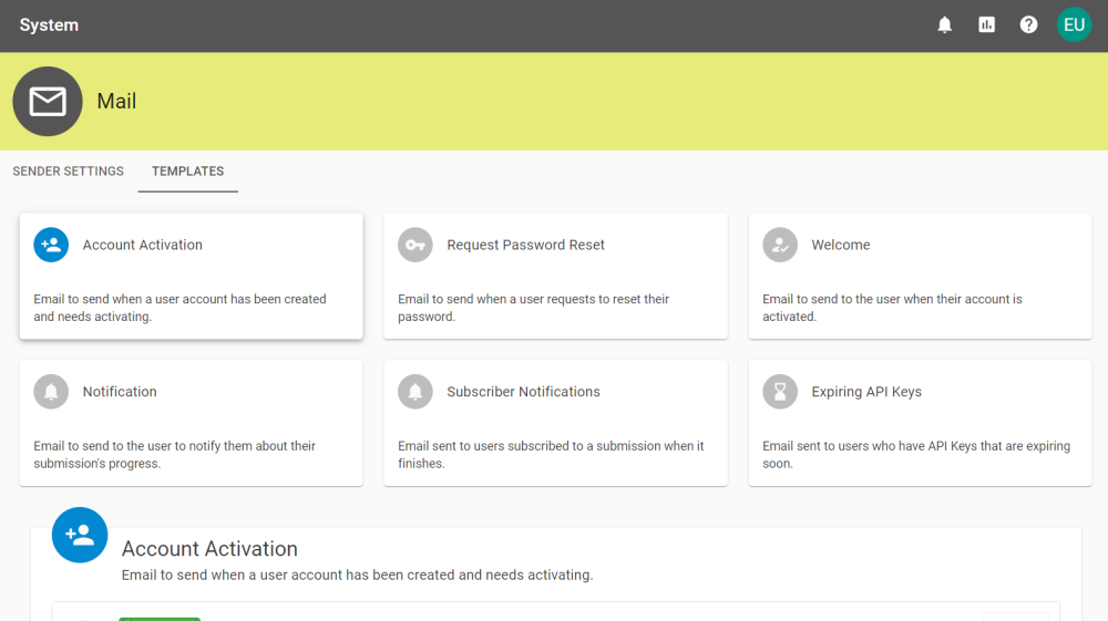 Mail Templates tab showing the four template options.