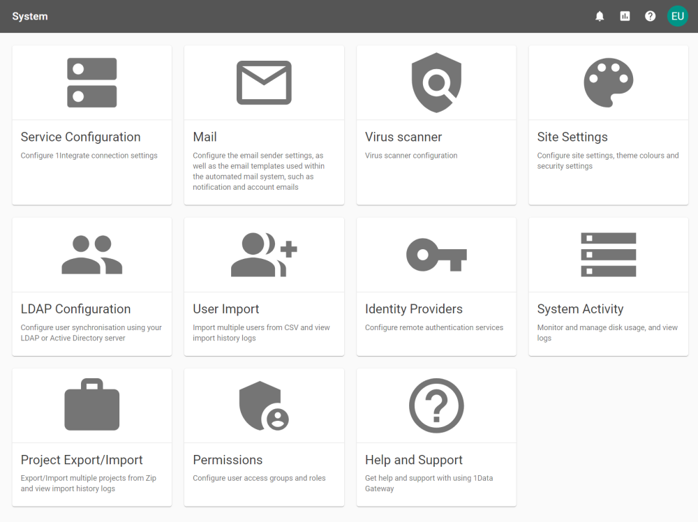 The System screen showing all nine settings tabs.