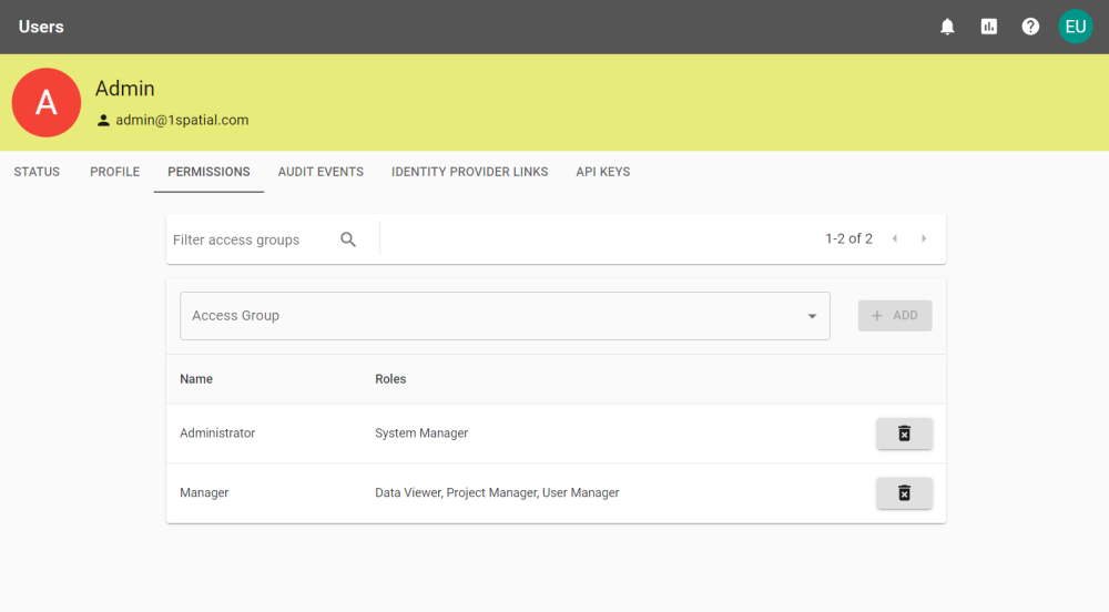 The User Permissions tab outlining what permissions a user has eg. the user is a Site Administrator.