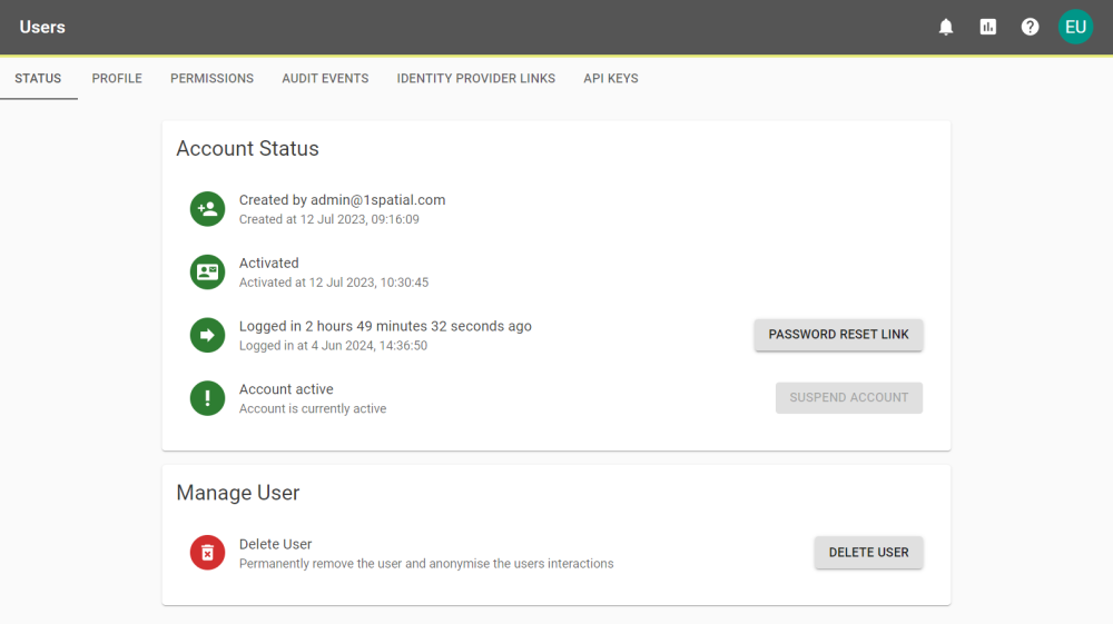 User Status Tab, showing creation and activation details, as well as the last login and whether the account is active.