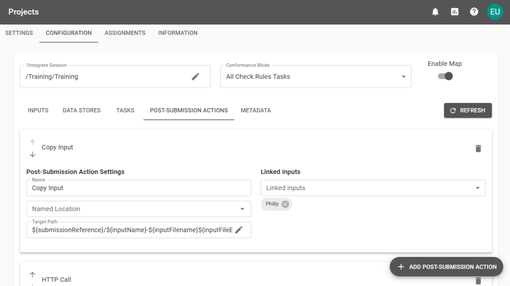 A Project's configuration page showing three inputs required by the Session. 