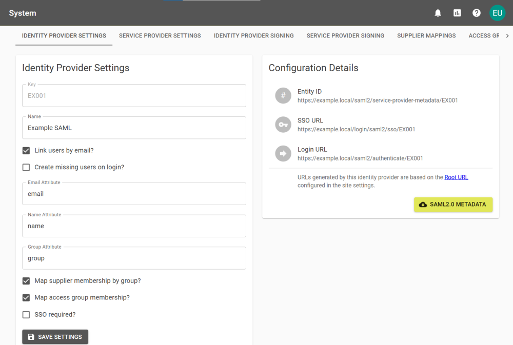 Identity Provider Settings tab for a SAML provider.