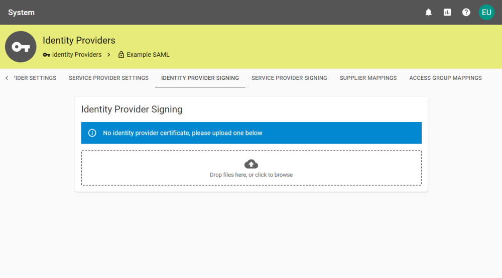 Identity Provider Signing tab for a SAML provider, which requires a certificate to be uploaded.