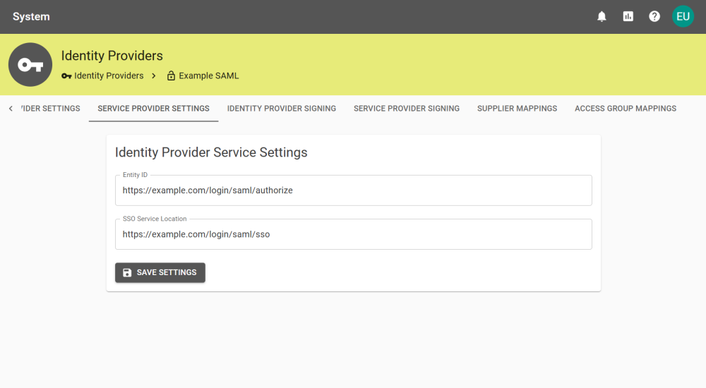 Service Settings tab for a SAML provider.