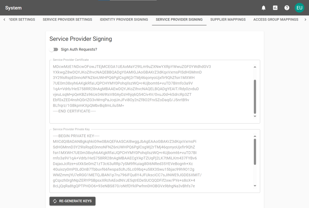 Service Privider Signing tab for a SAML provider, showing the generated keys.
