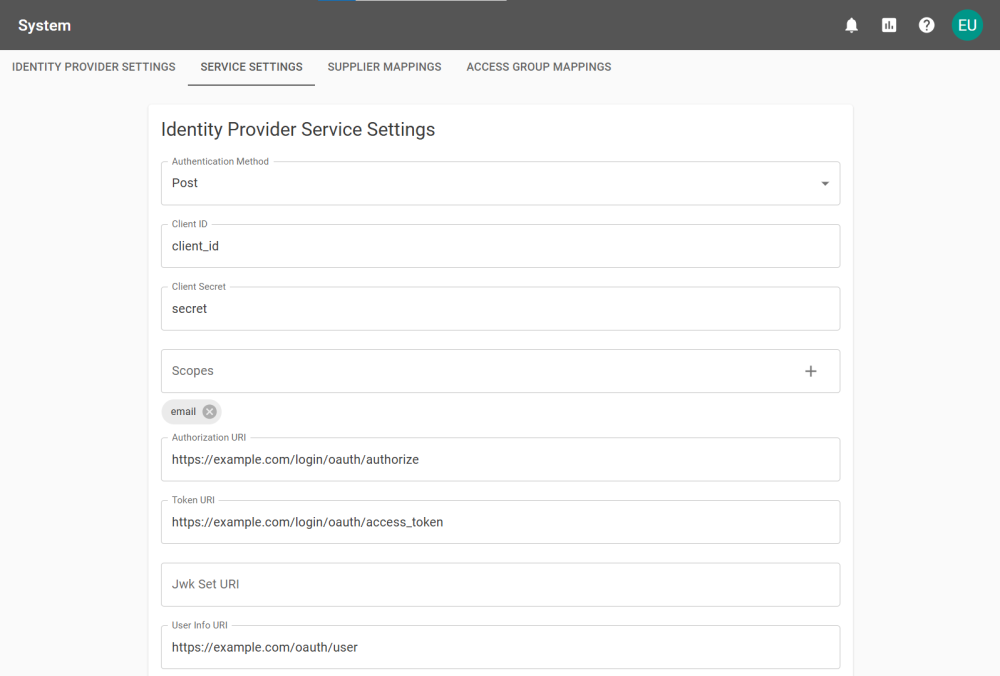 Service Settings tab for a OAuth provider.