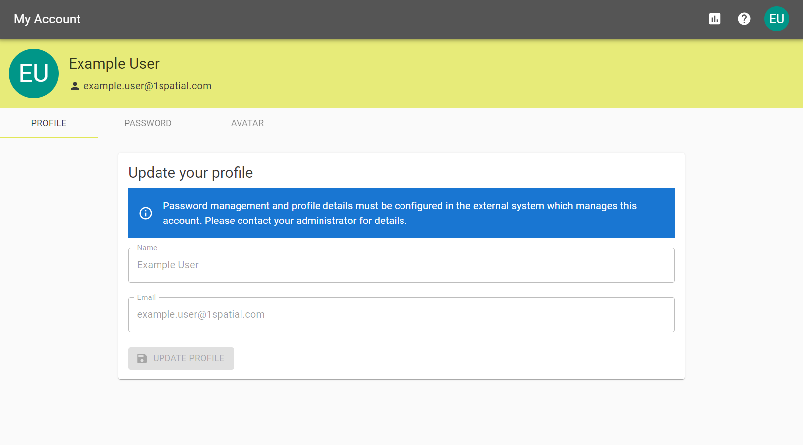 Update your profile screen with text boxes for Name and Email Address. Also features the warning that profile management might be configured by your organisation.