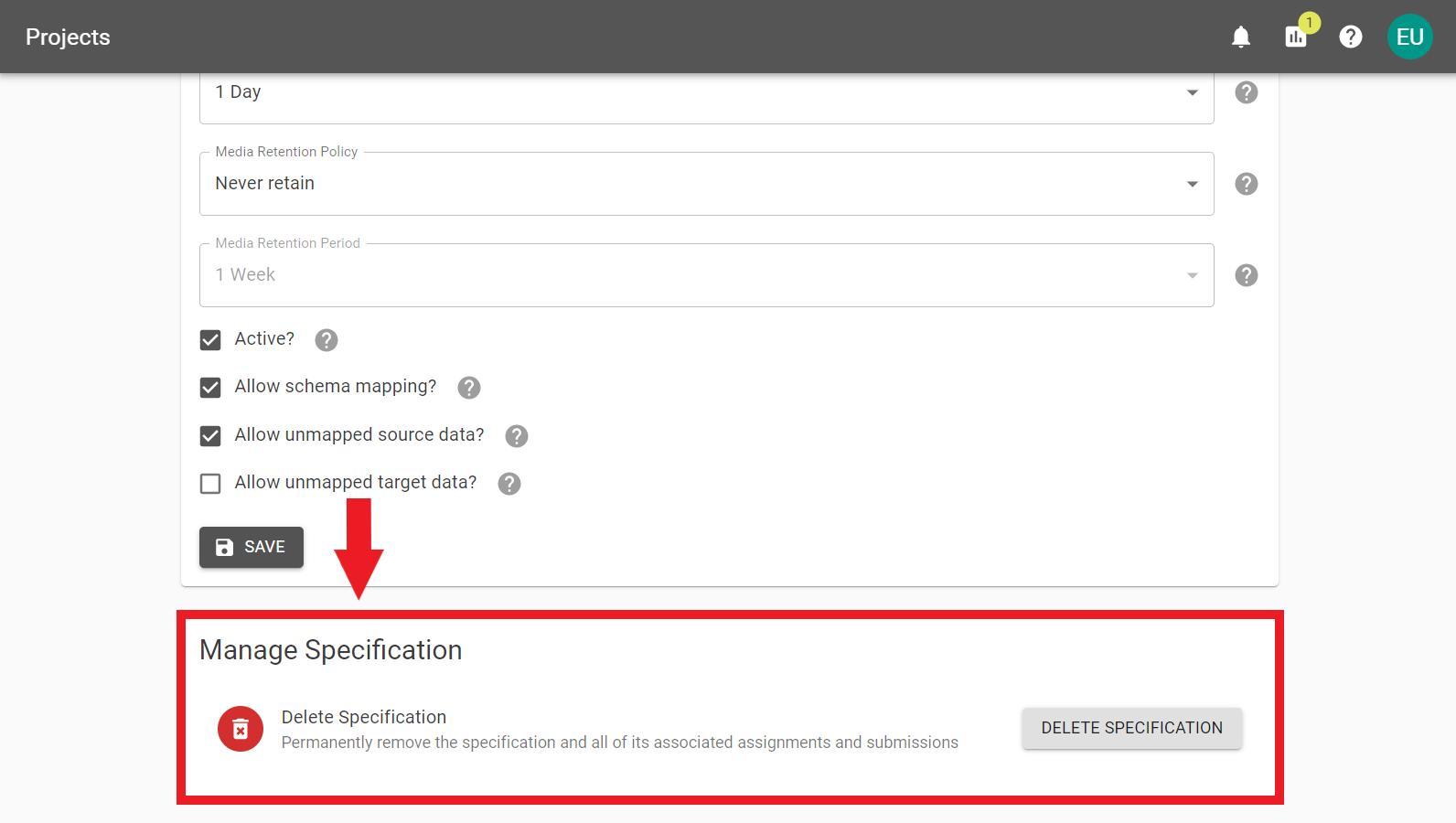 The bottom of the Specification Settings page with the Manage Specification Panel annotated.