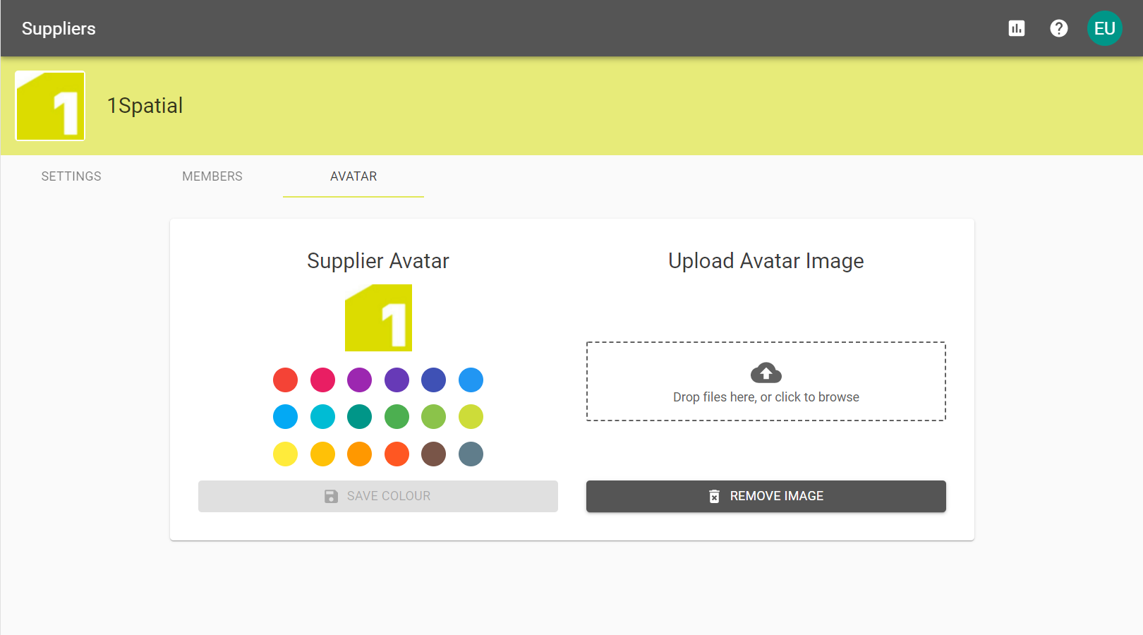 The Avatar tab for a Supplier, showing the 1Spatial Logo as the current avatar.