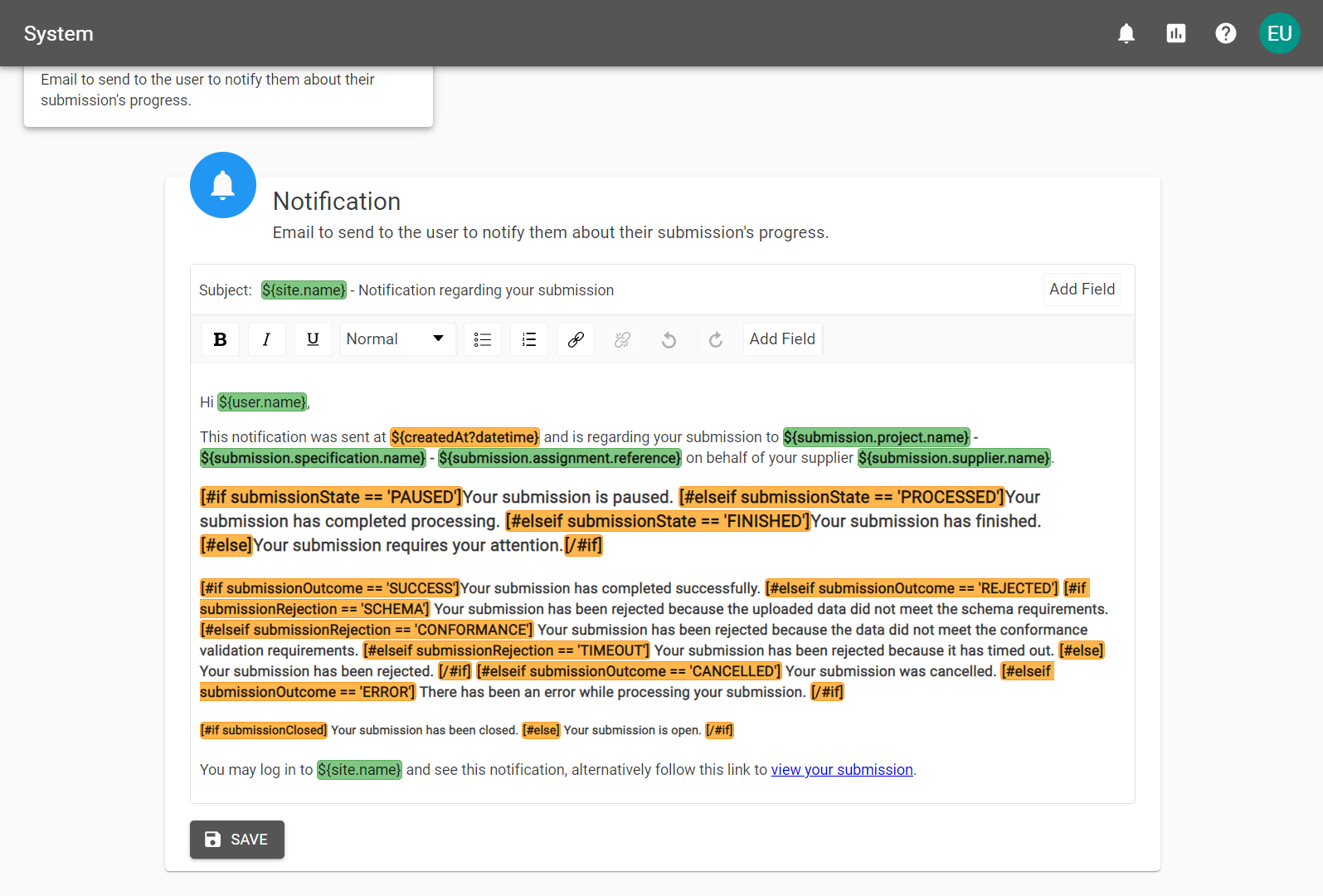 An example of the notification email configuration.