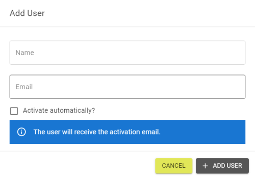 Add User popout with the option to automatically active a user.