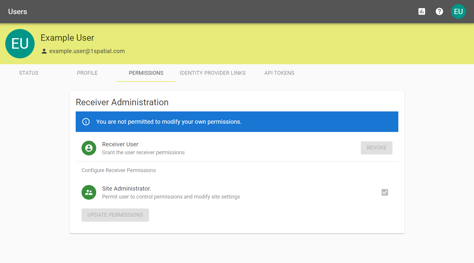 The User Permissions tab outlining what permissions a user has eg. the user is a Site Administrator.
