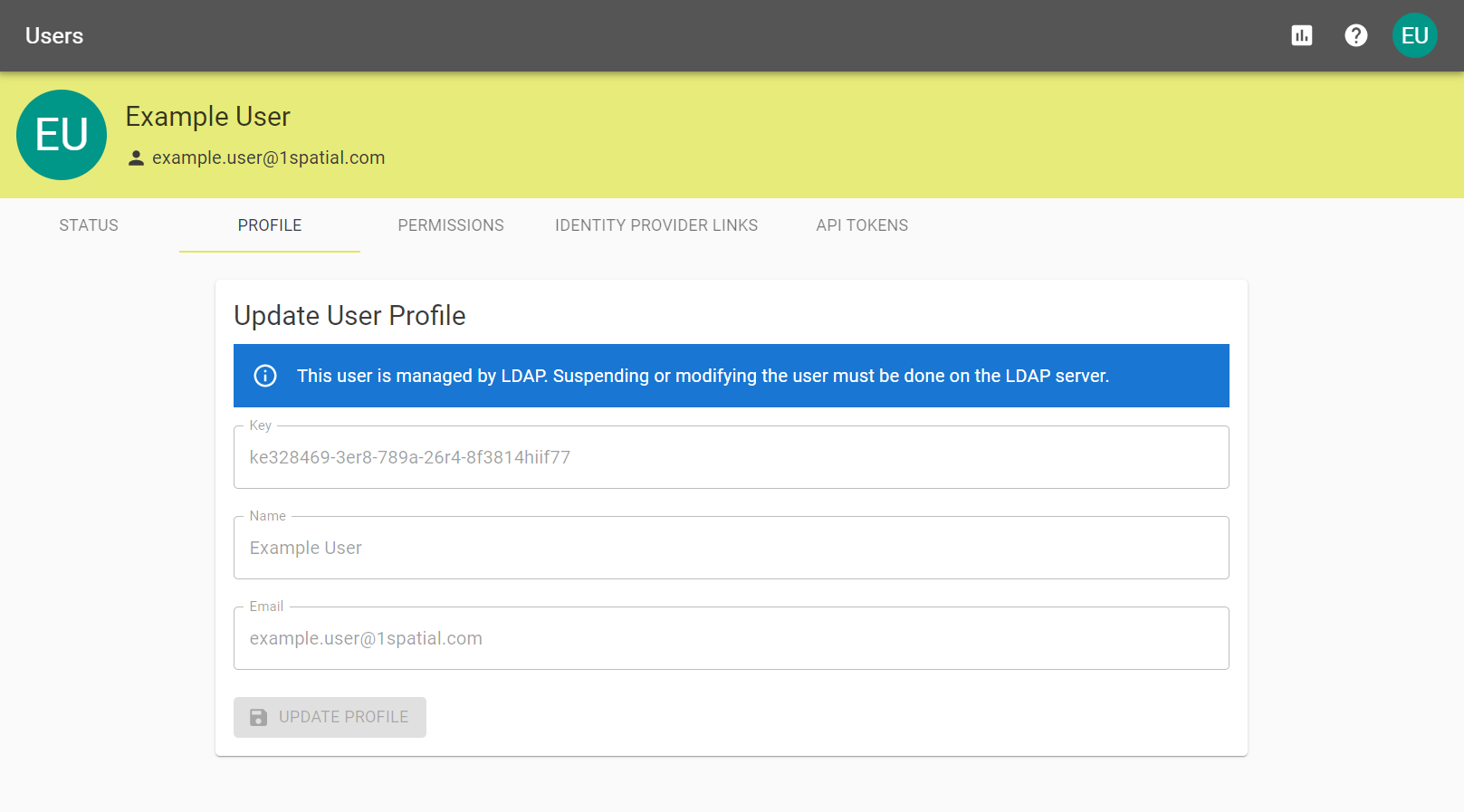The User Profile page where details are editable when not managed by LDAP like in the example.