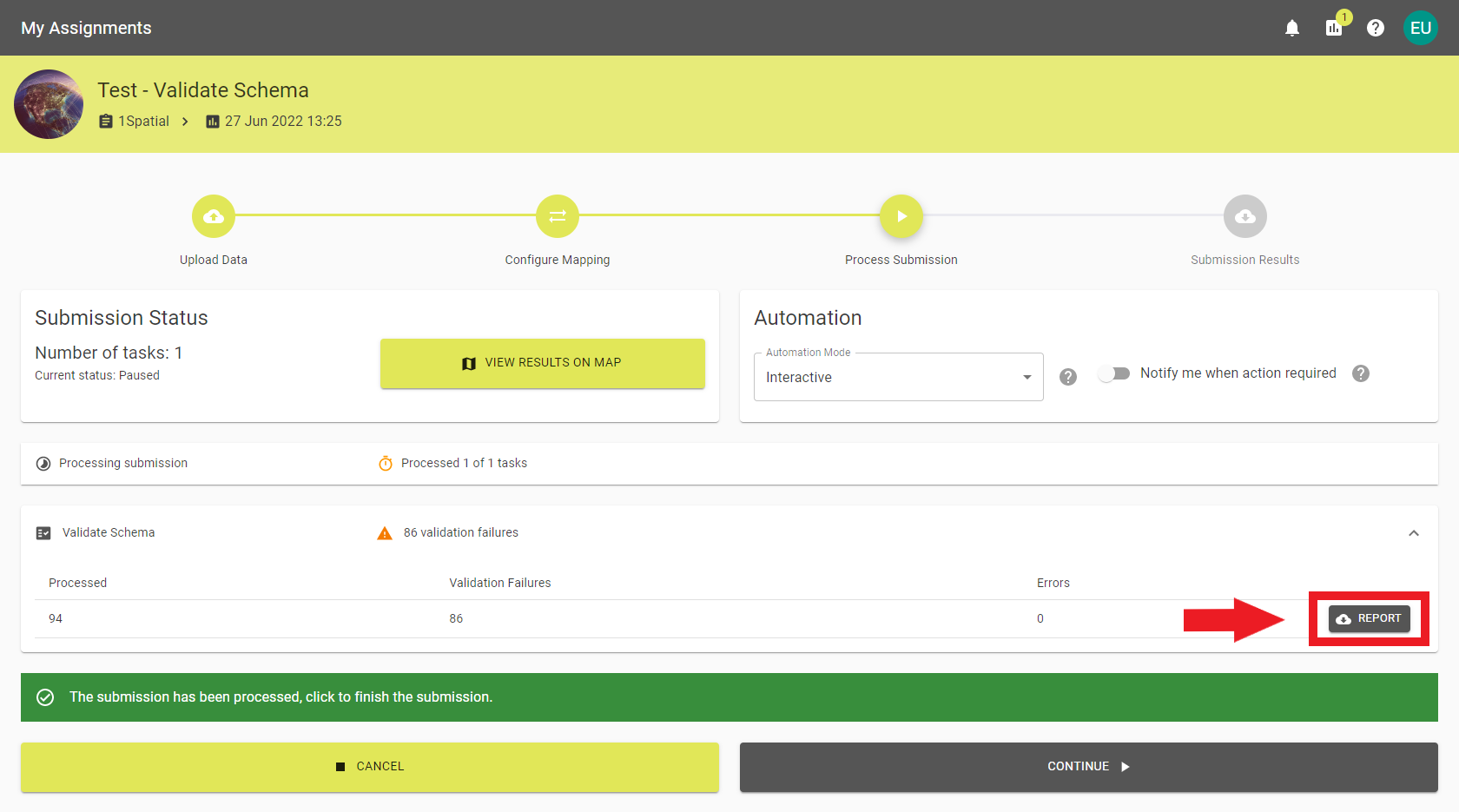 A validate schema task has been expanded to see details and the download report button.