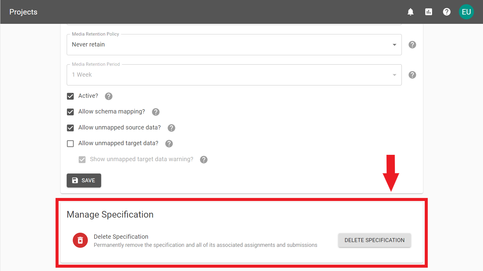 The bottom of the Specification Settings page with the Manage Specification Panel annotated.