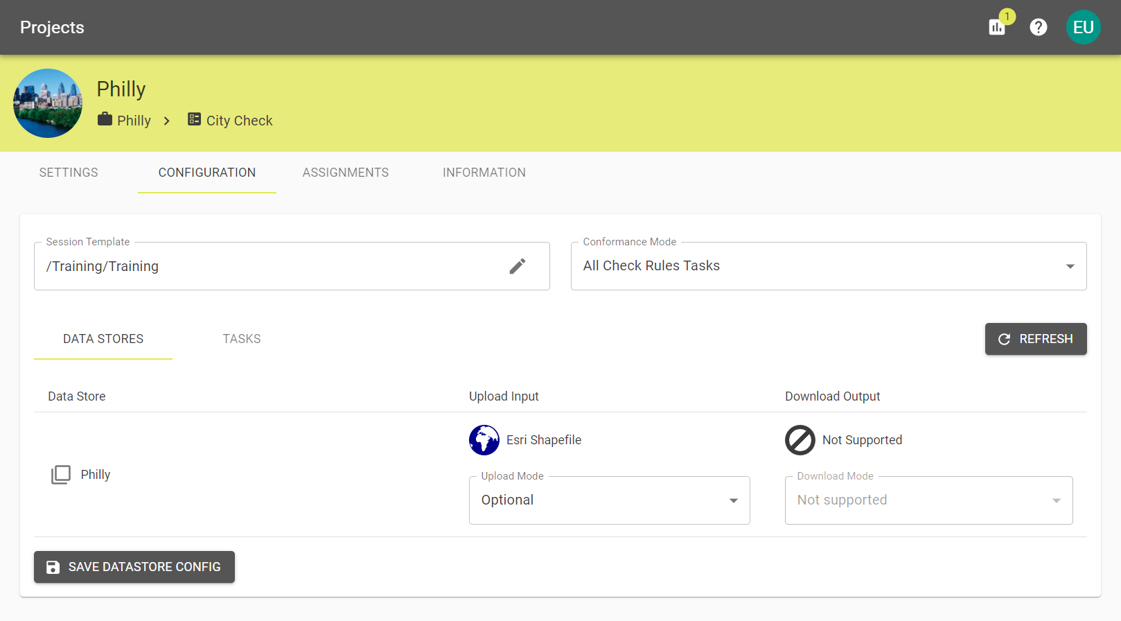 A Project's configuration screen showing the data stores with inputs and outputs.