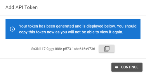 An example generated API token, which warns to write it down as it cannot be viewed again.