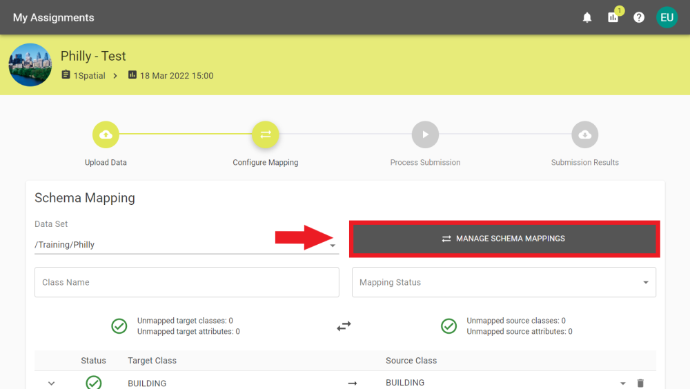 Configure Mapping stage with Manage Schema Mapping button annotated.