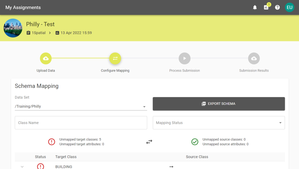 Schema Mappings that aren't configurable, showing the Manage Schema button has changed to Export Schema.