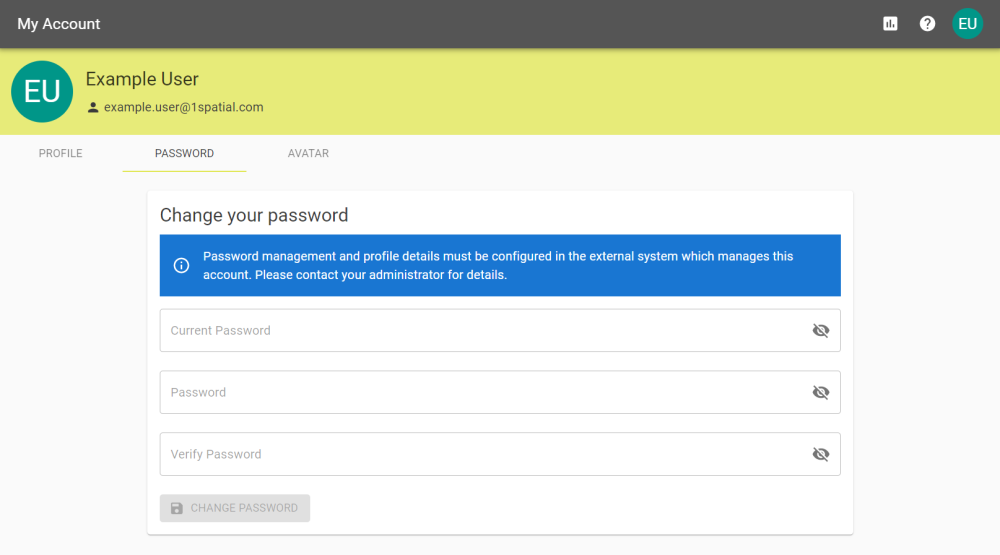 Change your password screen with text boxes for Current Password, (new) Password, and Verify Password. Also features the warning that passwords might be configured by your organisation.