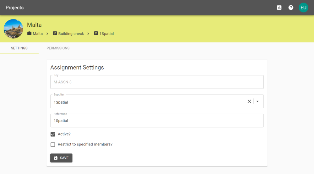 Assignment settings tab for a supplier attached to a project.