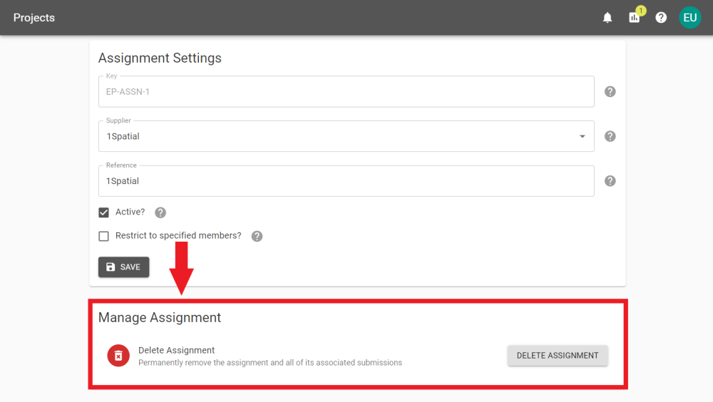 The bottom of the Assignment Settings tab with the Manage Assignment section annotated.