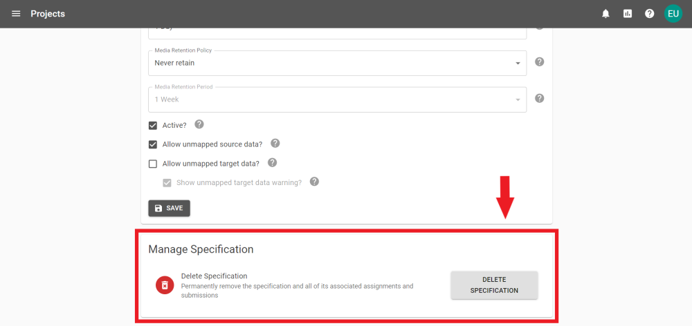 The bottom of the Specification Settings page with the Manage Specification Panel annotated.