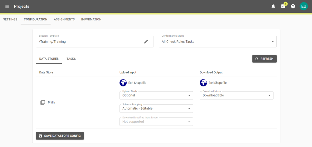 A Project's configuration screen showing the data stores with inputs and outputs.