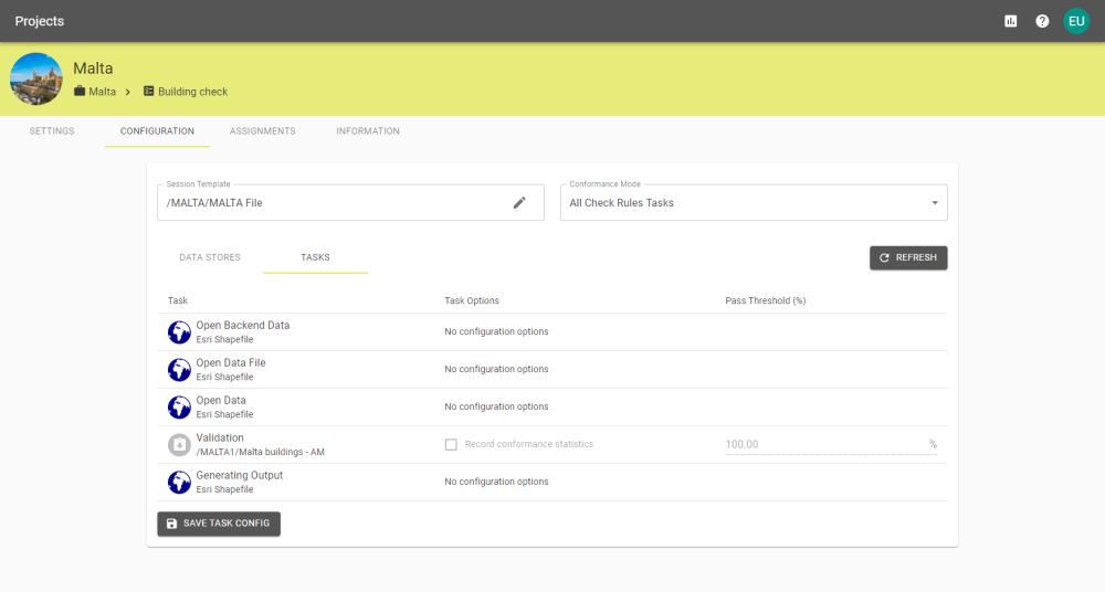 Project Configuration showing the list of tasks that a submission would perform in the processing phase.