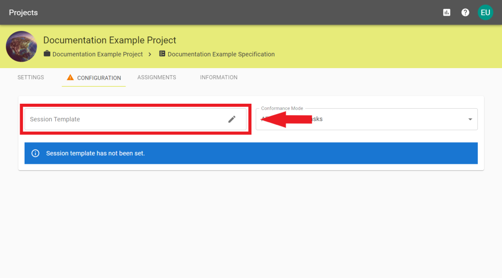 The Configuration tab with the Session Template field annotated.