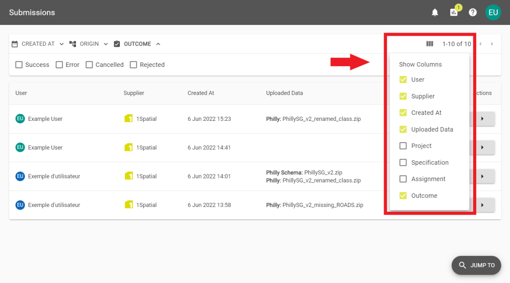 Column options highlighted in the Submissions tab from an Administrators interface.